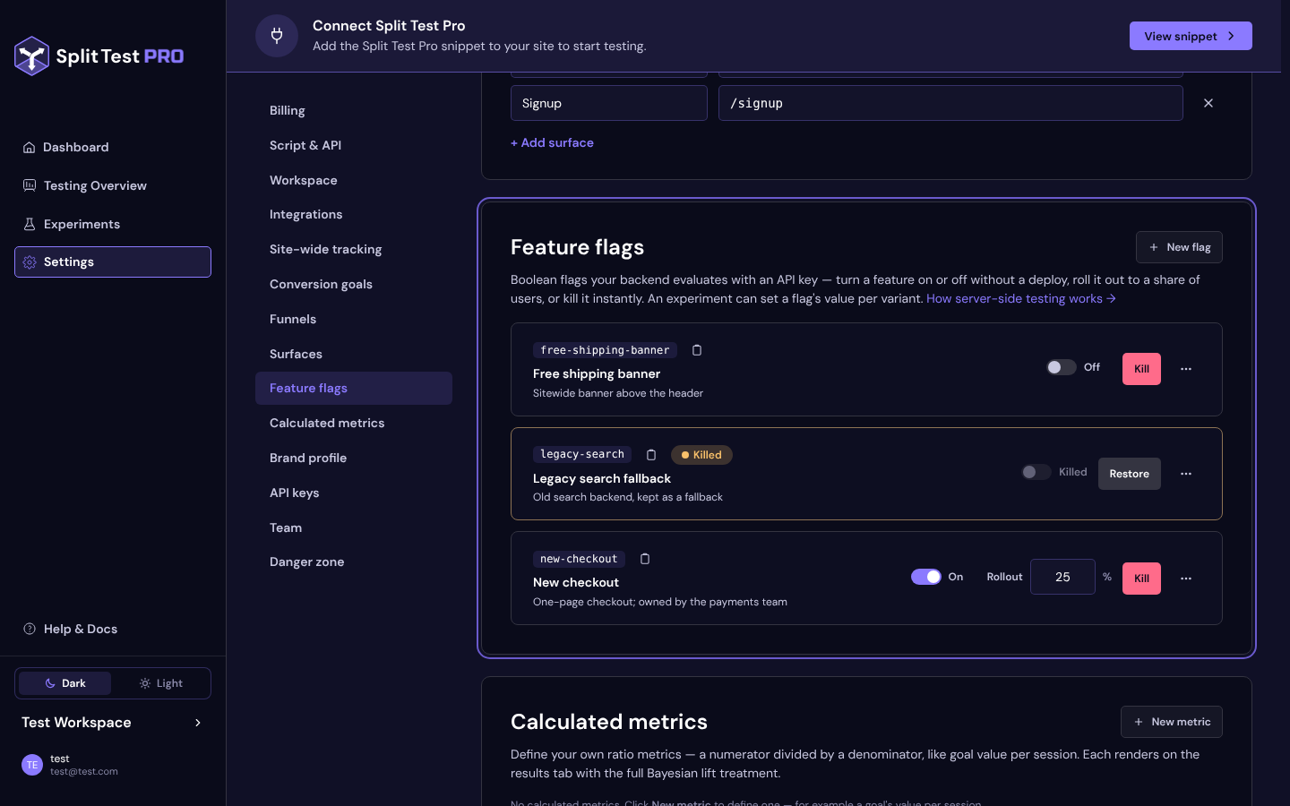 The Feature flags card in Settings listing three flags: one on with a 25% rollout, one off, and one killed with a Killed badge and a Restore button