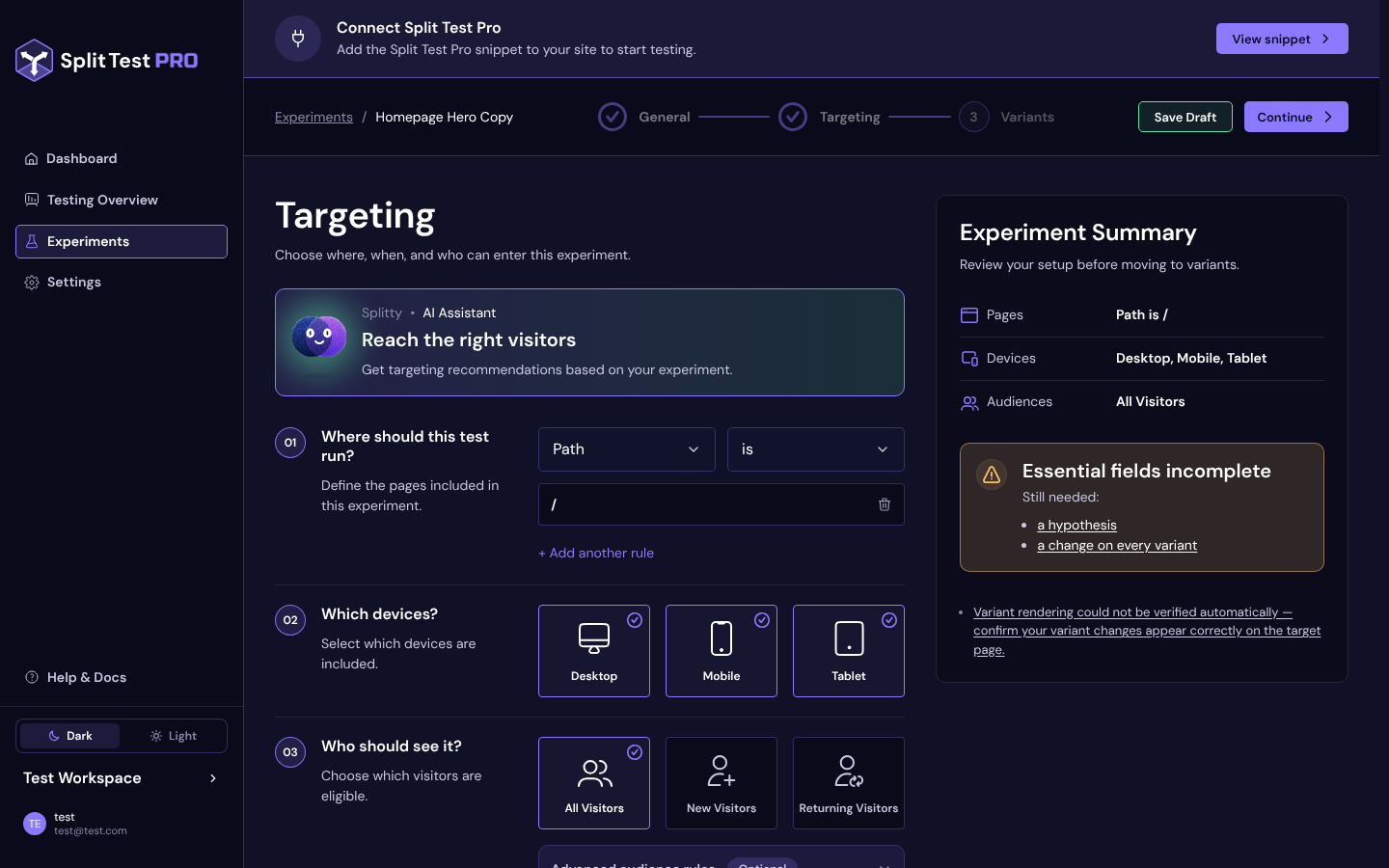 The Targeting step with one Path is / rule, all devices and All Visitors selected