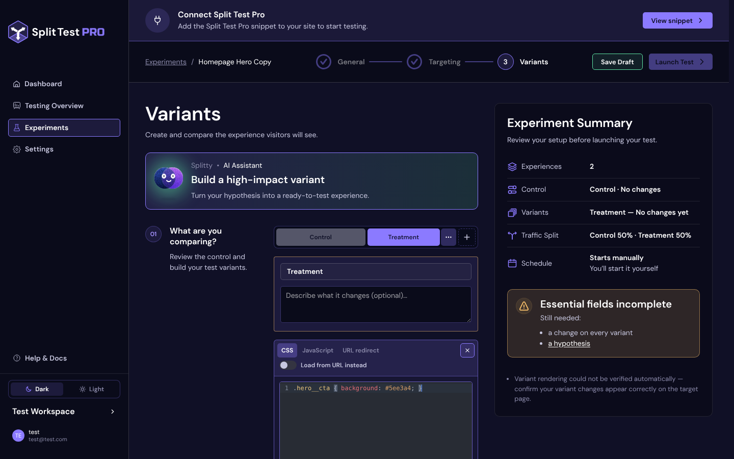 The Variants step with the Treatment variant selected and a CSS rule in its code editor