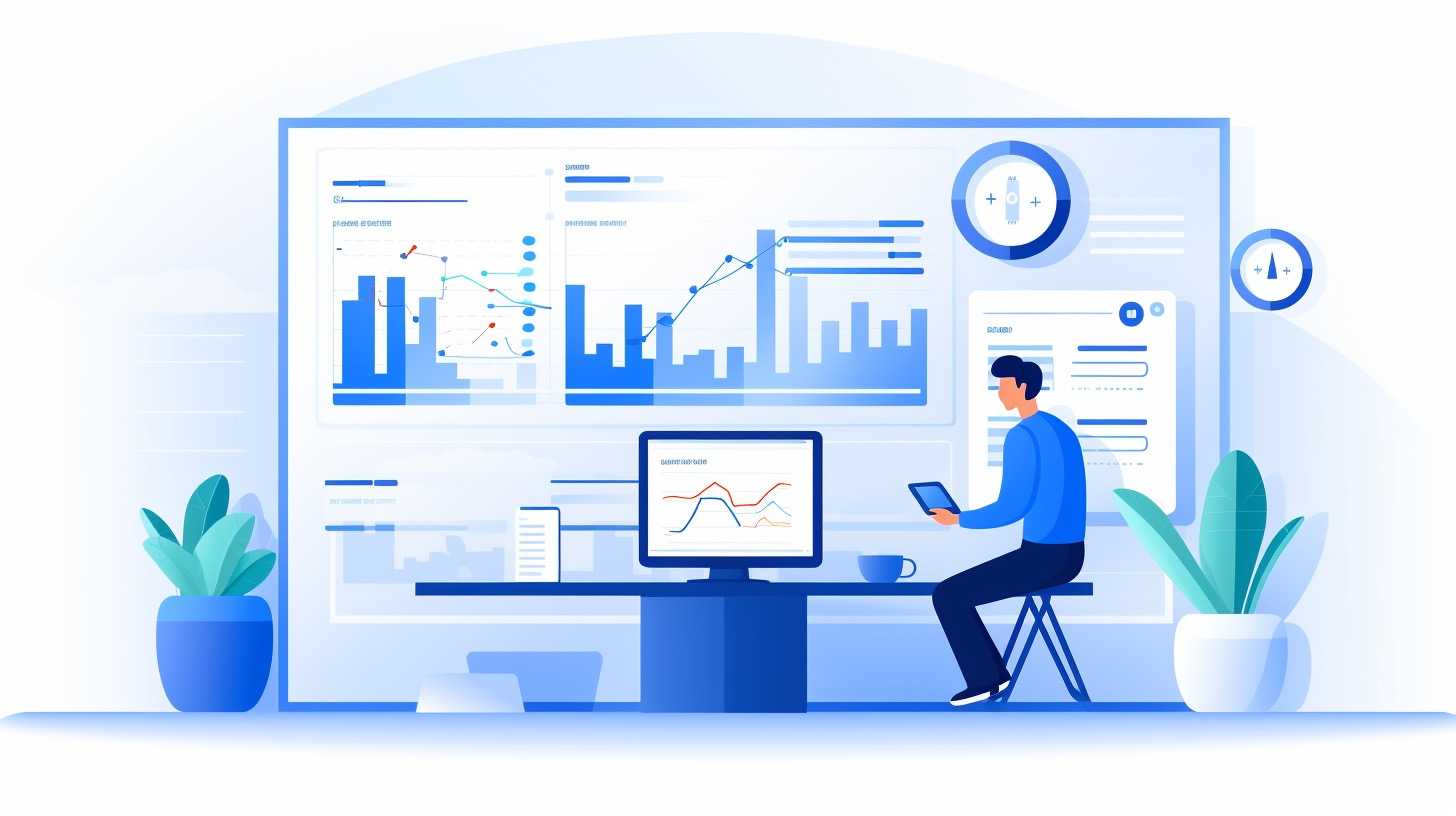 A graphic of an individual in front of a large data screen.
