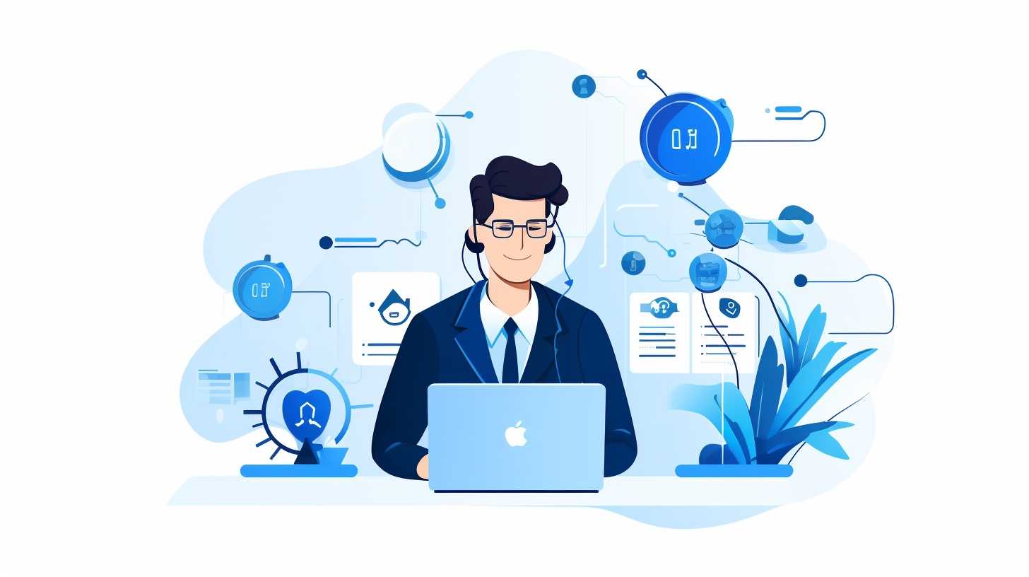 A graphic of a person wearing a headset in front of a computer screen.